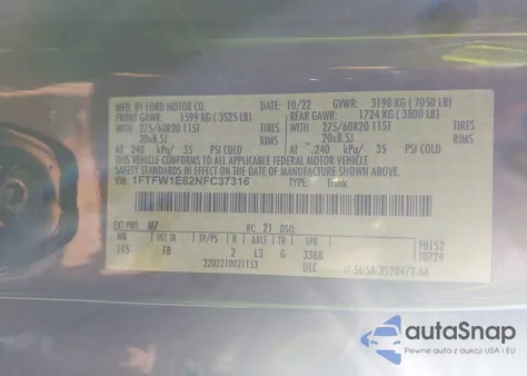 2022 Ford F-150 Xlt z USA, uszkodzony, nr VIN 1FTFW1E82NFC37316